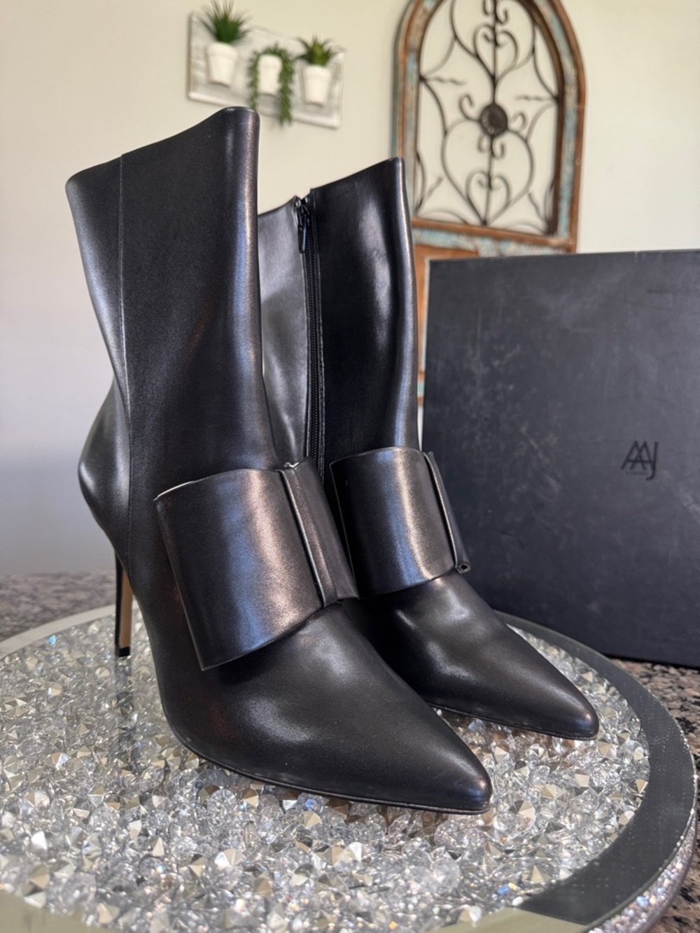AAJ Leather Pointed-Toe Black Stiletto Ankle Boots NEW